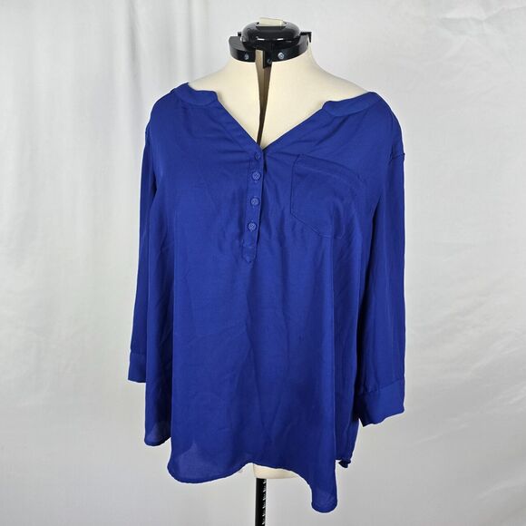 Torrid Blouse Women's 2X Blue V-Neck 1/4 Button Up Long Roll Tab Sleeves Ruffle - Picture 1 of 15